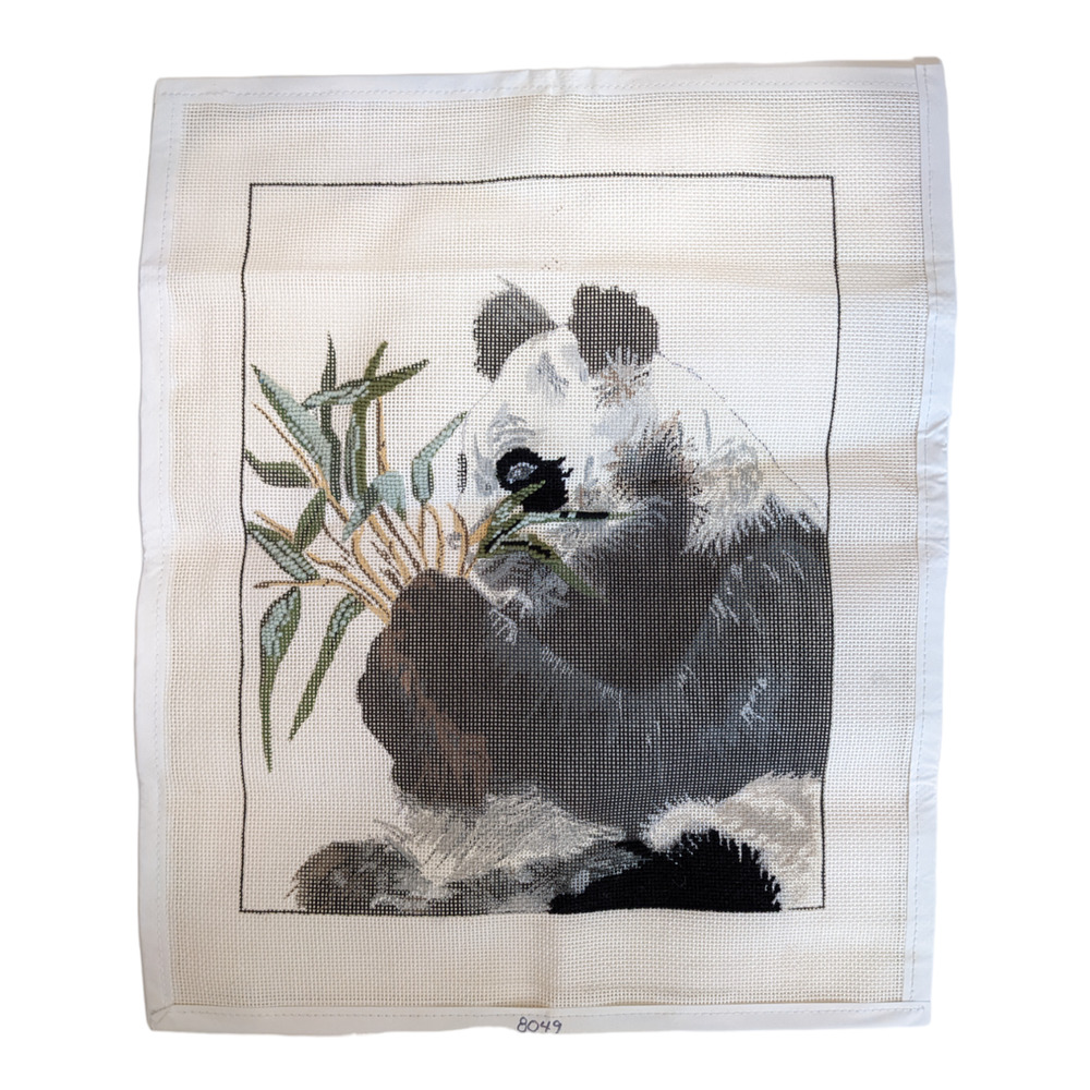 Vintage‎ Hand Painted Needlepoint Canvas Panda with Bamboo PARTIALLY COMPLETED